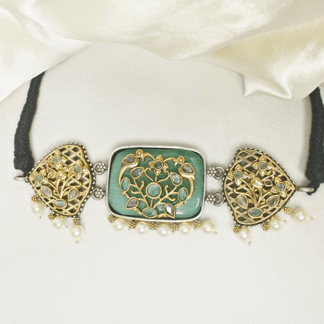Mint Green Enamel Choker Set with Birdcage Pearl Jhumka Earrings