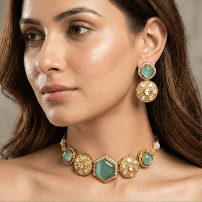 Mint Green Kundan Choker Necklace Set – Handcrafted Gold-Plated Jewellery