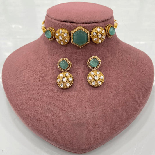 Mint Green Kundan Choker Necklace Set – Handcrafted Gold-Plated Jewellery