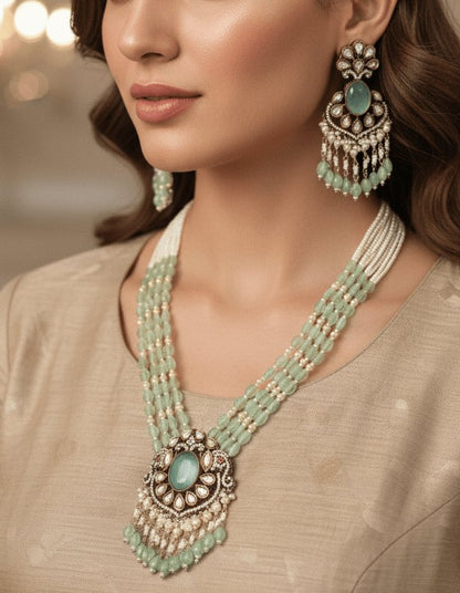 Mint Green Moissanite & American Diamond Necklace Set