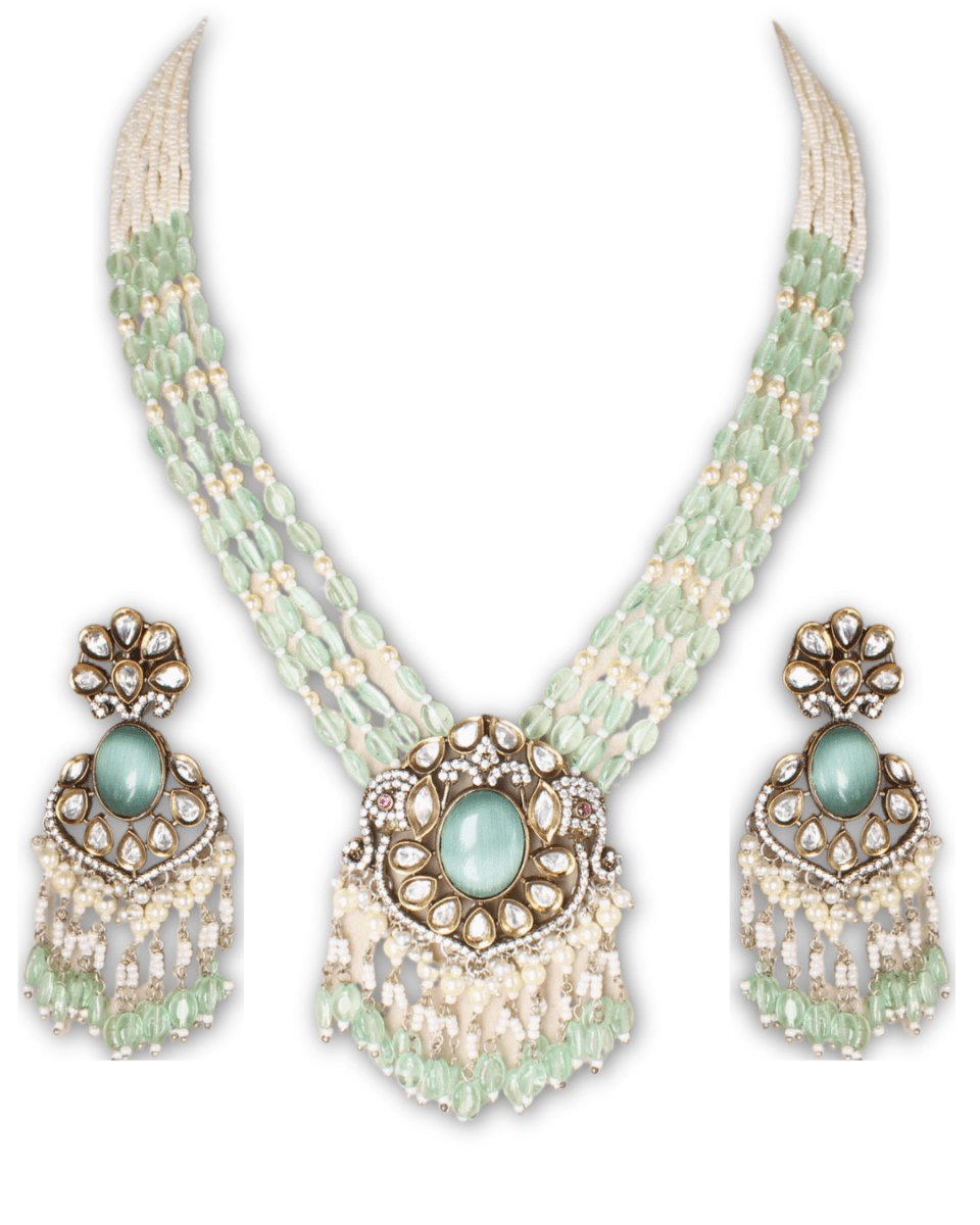 Mint Green Moissanite & American Diamond Necklace Set