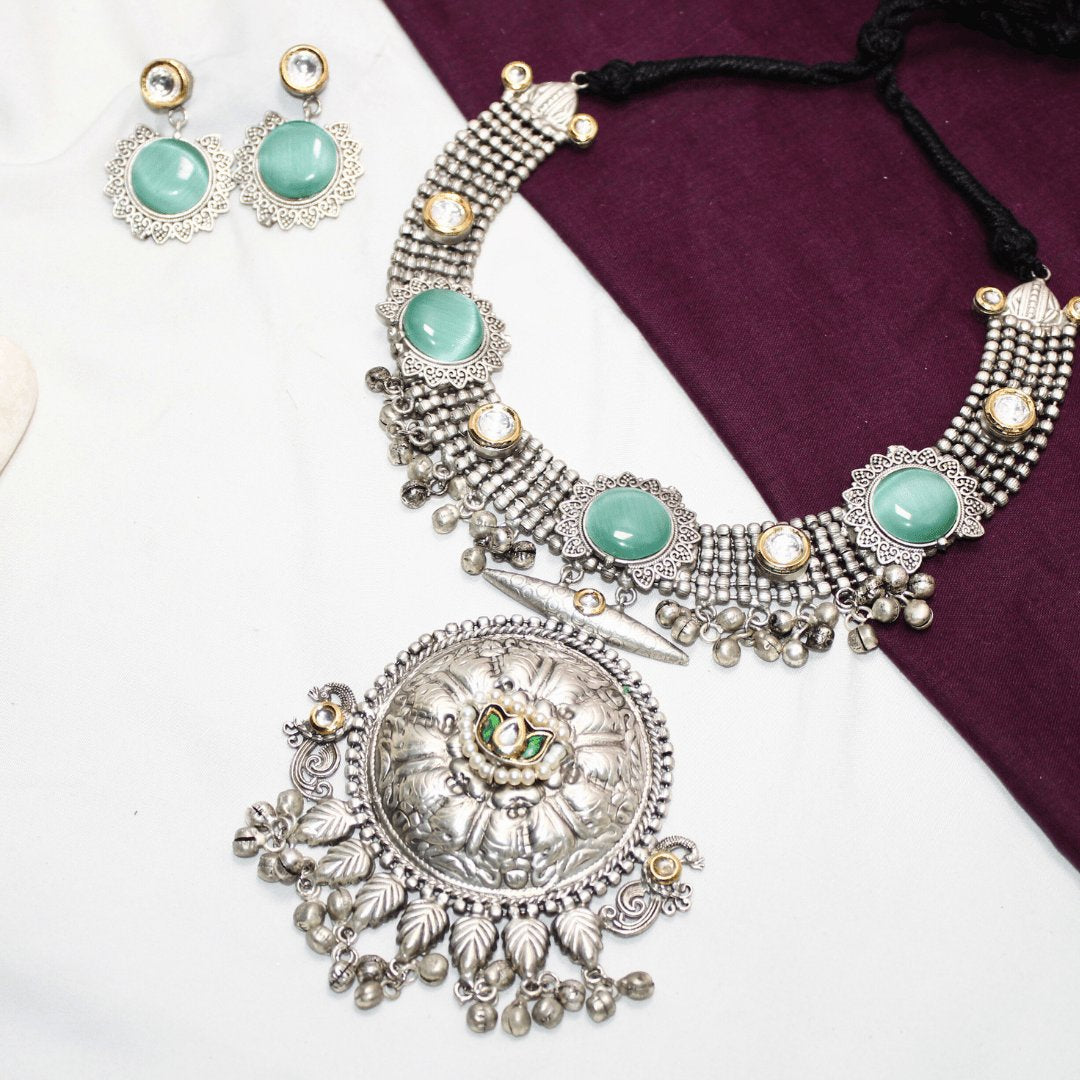 Mint Green Oxidised Silver Hasli Necklace Set with Earrings – Tribal Statement Jewellery