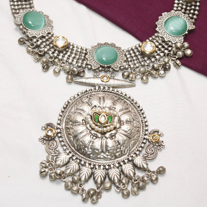 Mint Green Oxidised Silver Hasli Necklace Set with Earrings – Tribal Statement Jewellery