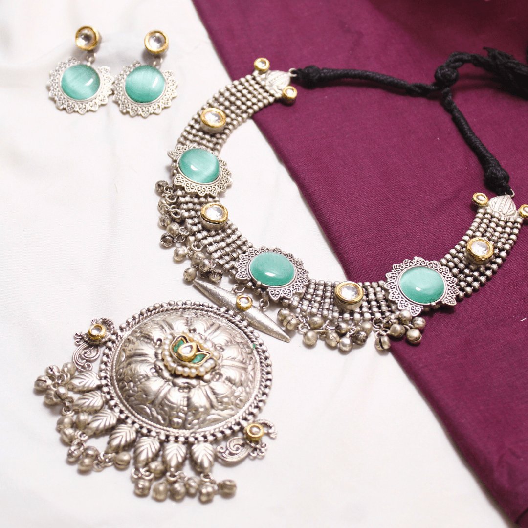 Mint Green Oxidised Silver Hasli Necklace Set with Earrings – Tribal Statement Jewellery