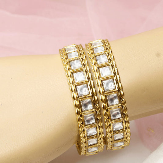 Mirror Polki Stone Bangles Set of 2 – Gold Plated Traditional Bangles