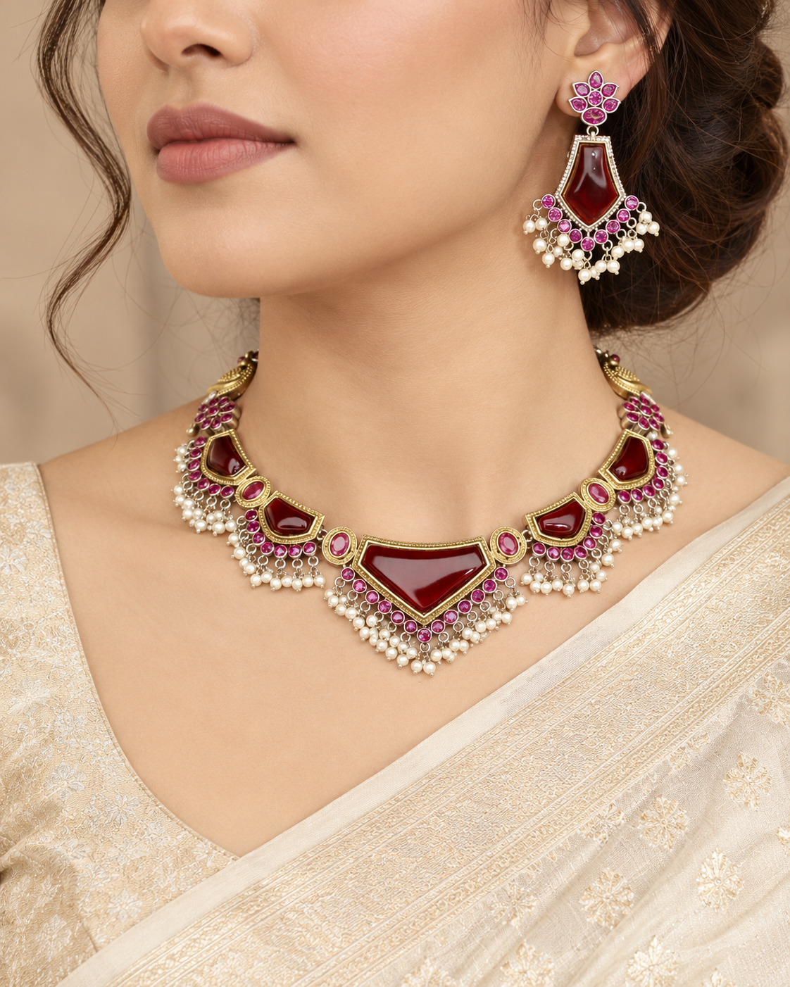 Saya Dual-Tone Necklace-Red — AI-styled model view; proportions referenced to original product photographs