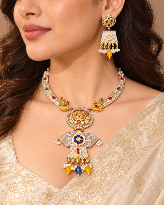 Rajwadi Dual-Tone Pachi Kundan Necklace Set — AI-styled model view; proportions referenced to original product photographs