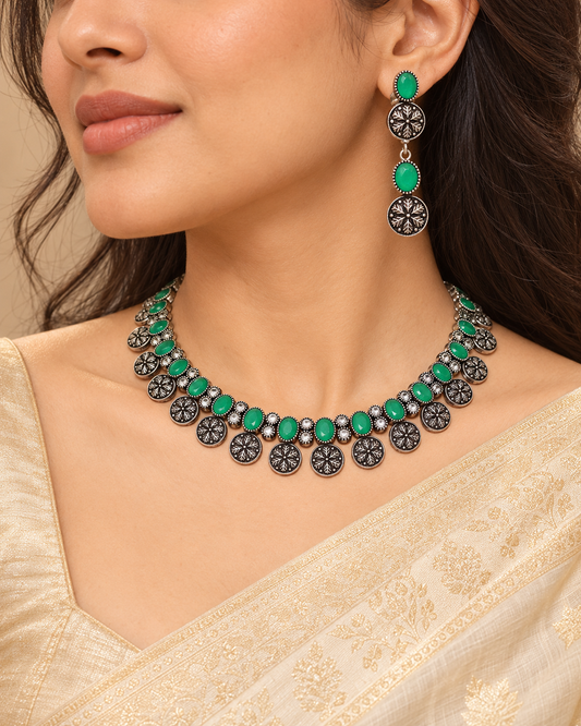 Shreya Shree Necklace Set-Green — AI-styled model view; proportions referenced to original product photographs