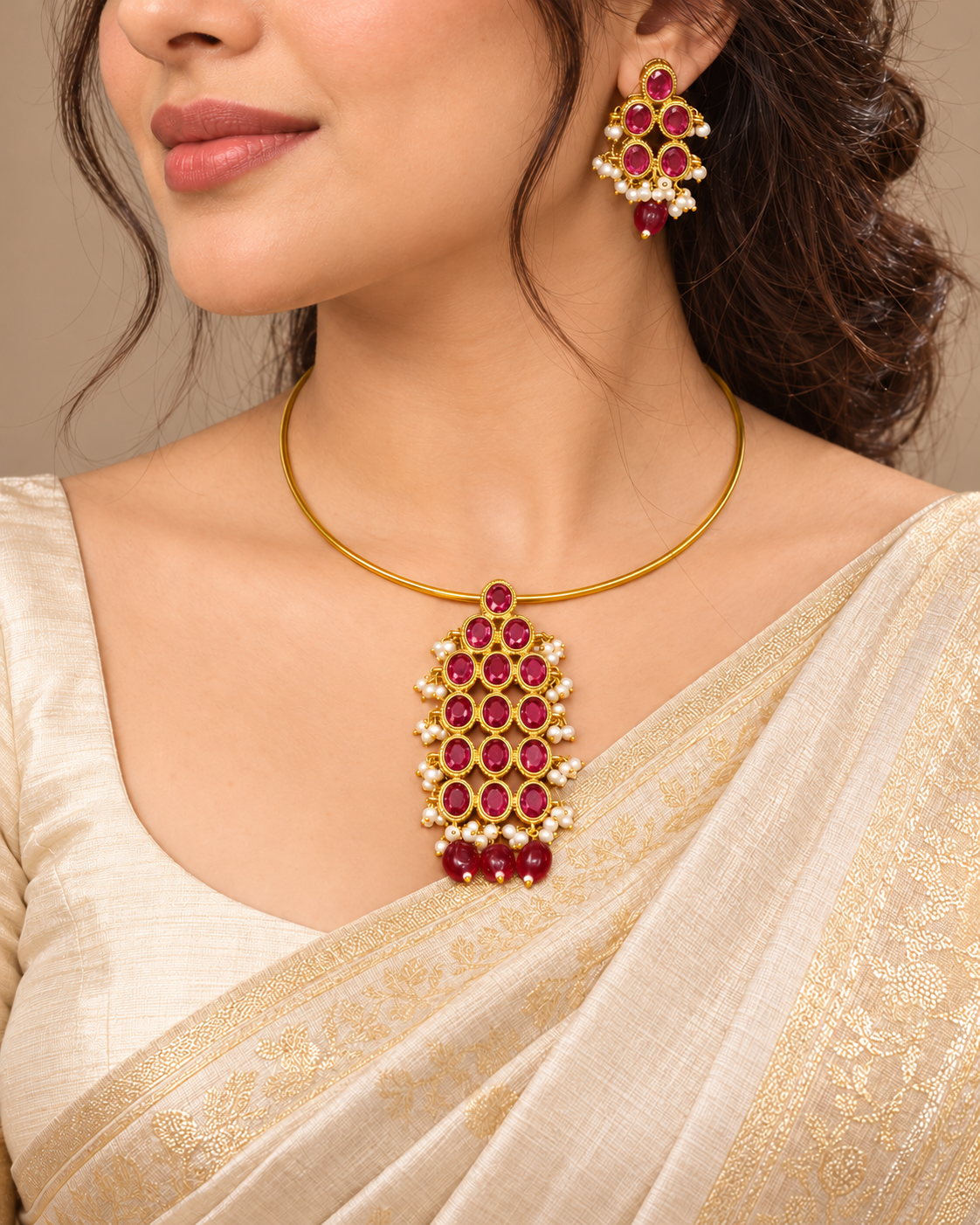 Ring Hasli Necklace- Stone Pendant — AI-styled model view; proportions referenced to original product photographs