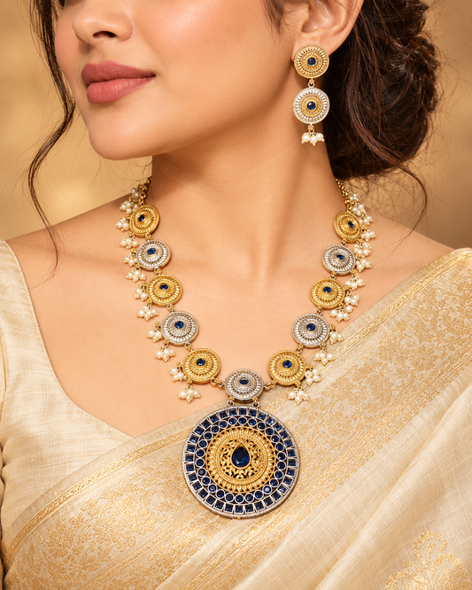 Chakra Rajwadi Dual-Tone Necklace Set — AI-styled model view; proportions referenced to original product photographs