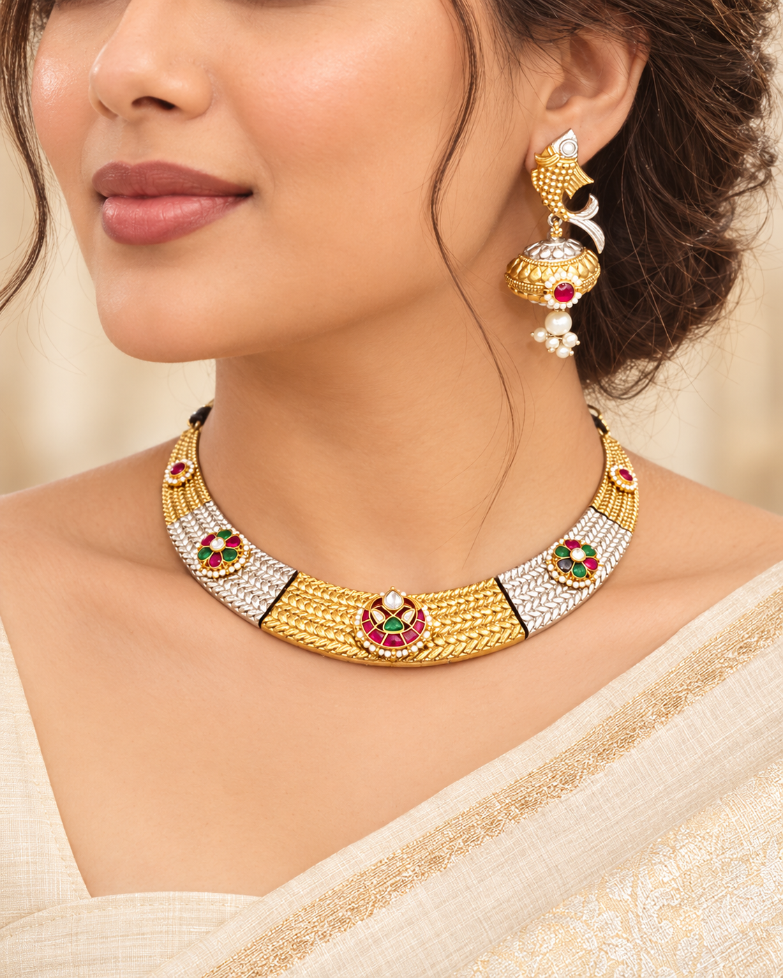Paachi Kundan Dual-Tone Necklace — AI-styled model view; proportions referenced to original product photographs