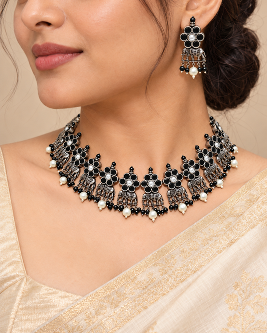Gaj Necklace Set-Black — AI-styled model view; proportions referenced to original product photographs