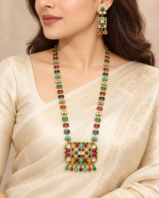 Navratna Antique Gold Polish Long Necklace — AI-styled model view; proportions referenced to original product photographs