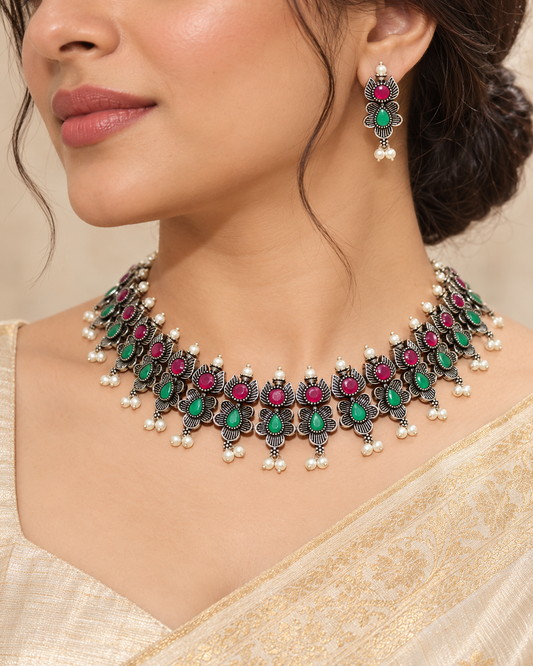 Anusha Necklace Set-Maroon & Green — AI-styled model view; proportions referenced to original product photographs