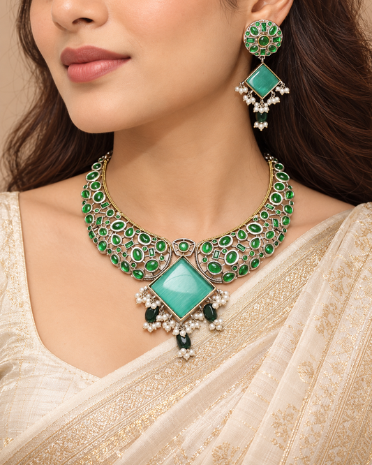 Kanak Dual-Tone Necklace-Green — AI-styled model view; proportions referenced to original product photographs