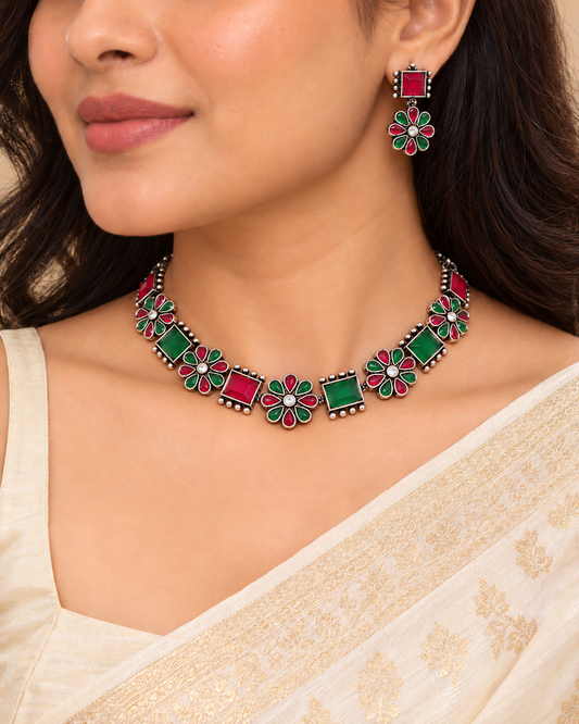 Nargis Flower Stone Necklace Set-Red&Green — AI-styled model view; proportions referenced to original product photographs