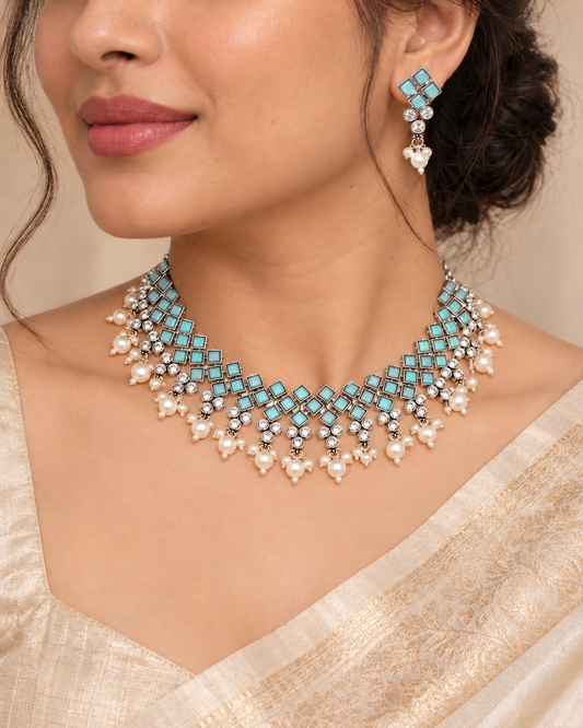 Crystal Necklace Set-Turquoise — AI-styled model view; proportions referenced to original product photographs