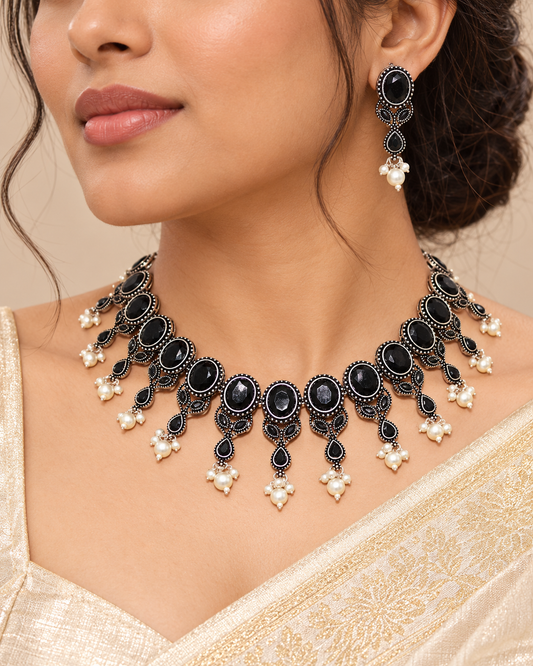 Kalki Crystal Necklace Set-Black — AI-styled model view; proportions referenced to original product photographs