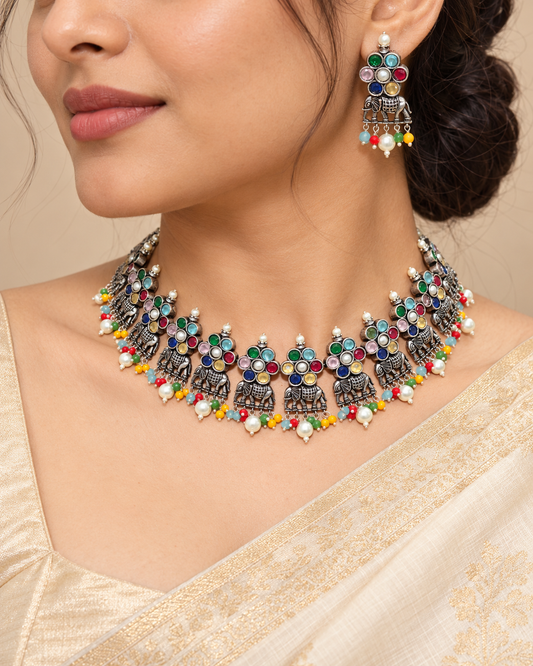 Gaj Necklace Set-Multicolour — AI-styled model view; proportions referenced to original product photographs