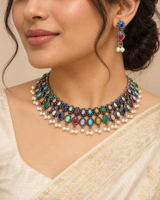 Ratna Shree Necklace Set-Multicolour — AI-styled model view; proportions referenced to original product photographs