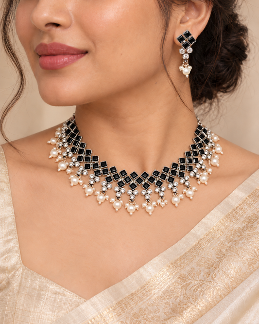 Crystal Necklace Set-Black — AI-styled model view; proportions referenced to original product photographs