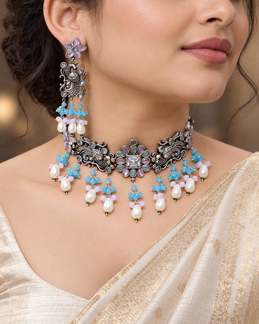 Mayura Necklace Set- Sky Blue — AI-styled model view; proportions referenced to original product photographs