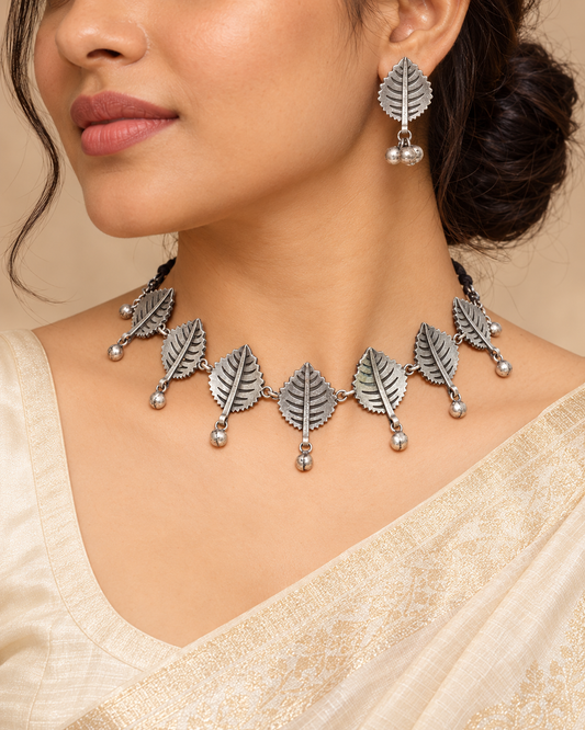 Leaf Necklace Set — AI-styled model view; proportions referenced to original product photographs