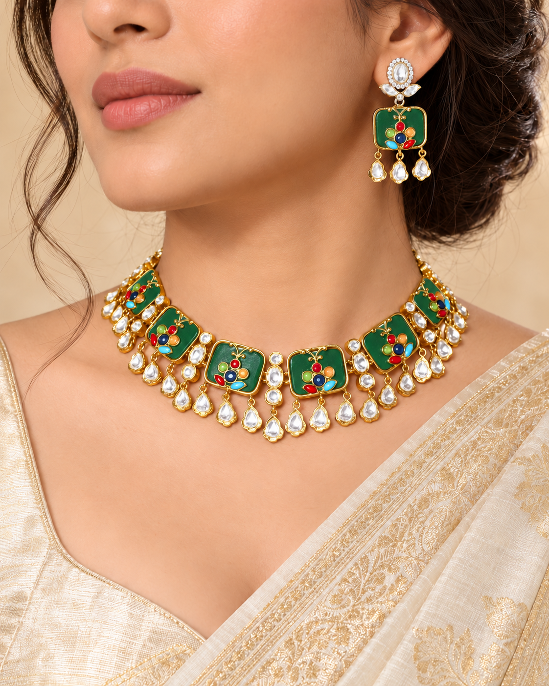 Gulmohar- Polki & Stone Necklace-Green — AI-styled model view; proportions referenced to original product photographs