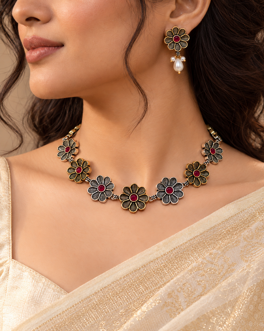 Aarya Dual Tone Necklace Set-Red — AI-styled model view; proportions referenced to original product photographs