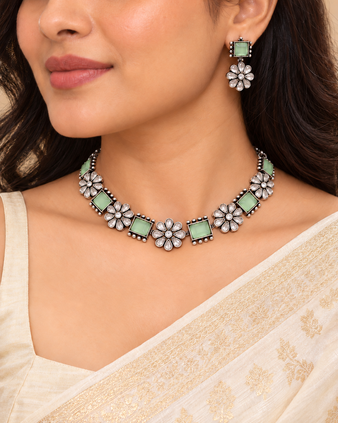 Nargis Flower Stone Necklace Set-Light Green — AI-styled model view; proportions referenced to original product photographs