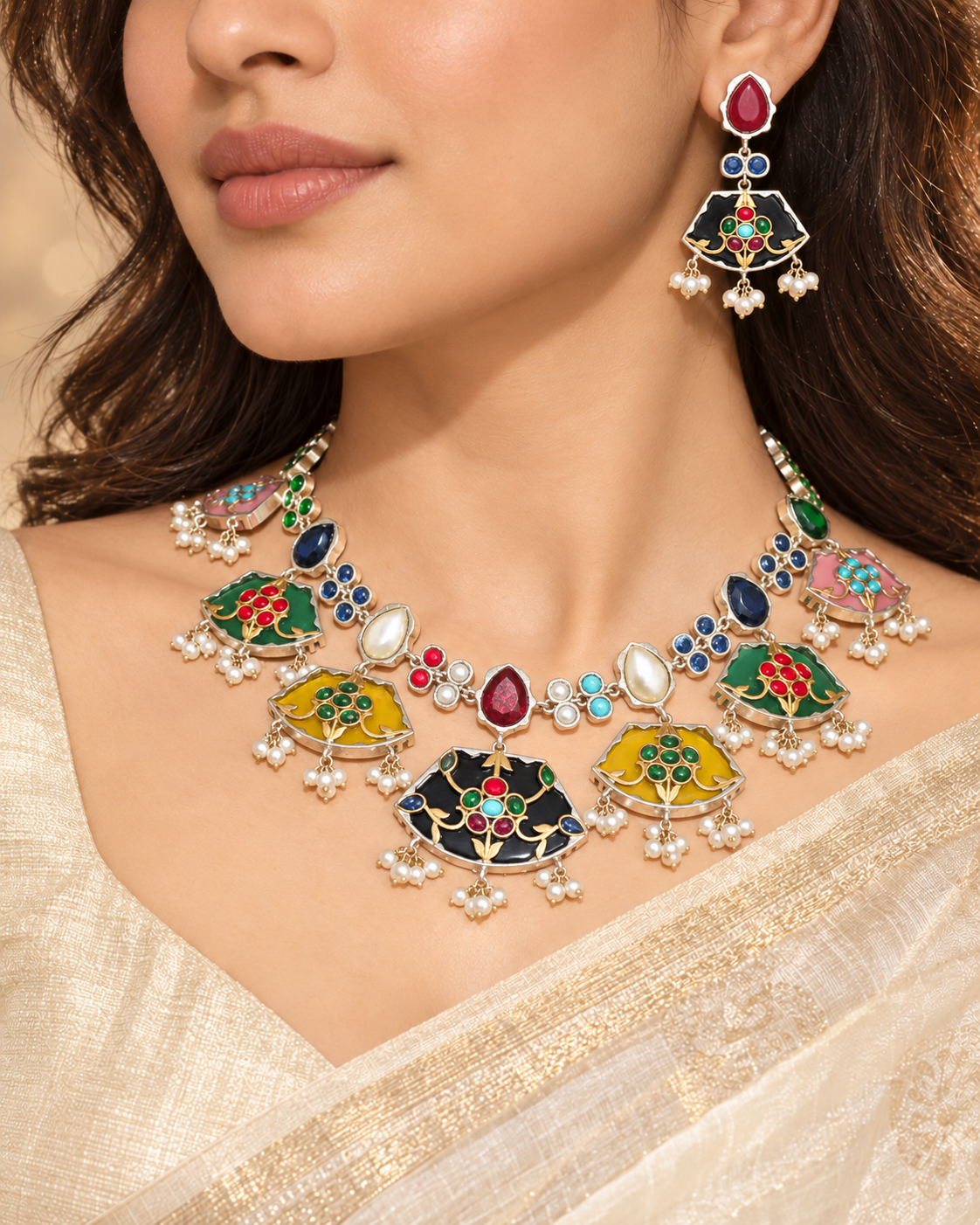 Khanak Necklace Set — AI-styled model view; proportions referenced to original product photographs