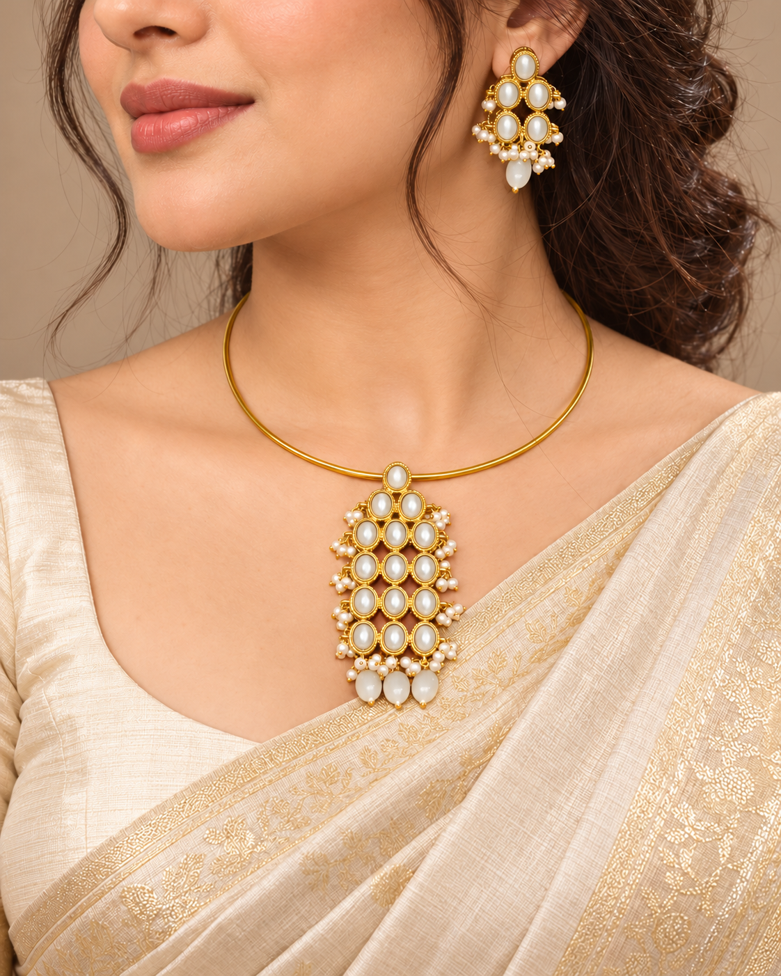 Ring Hasli Necklace- Stone Pendant-White — AI-styled model view; proportions referenced to original product photographs