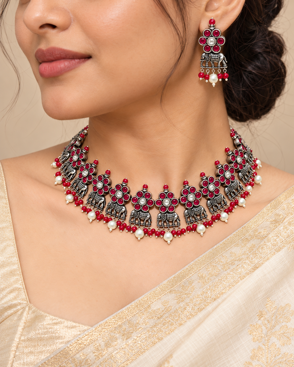 Gaj Necklace Set-Red — AI-styled model view; proportions referenced to original product photographs