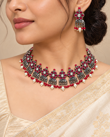 Gaj Necklace Set-Red — AI-styled model view; proportions referenced to original product photographs
