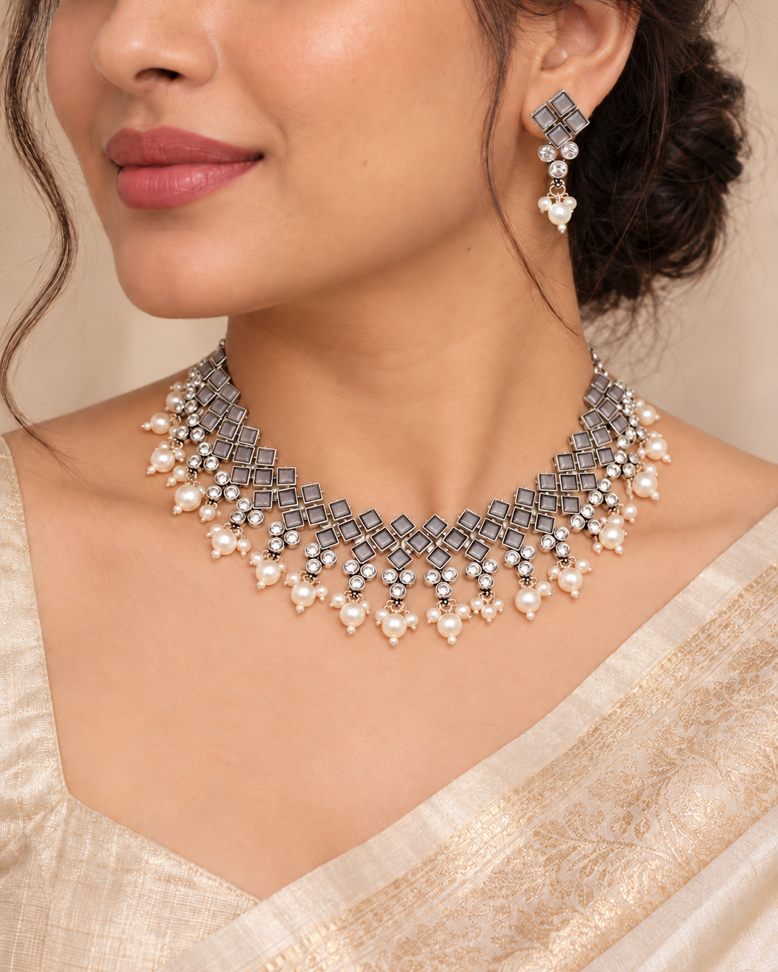 Crystal Necklace Set-Grey — AI-styled model view; proportions referenced to original product photographs