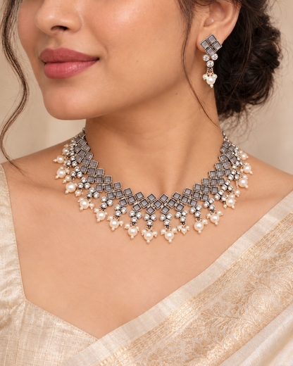 Crystal Necklace Set-Grey — AI-styled model view; proportions referenced to original product photographs