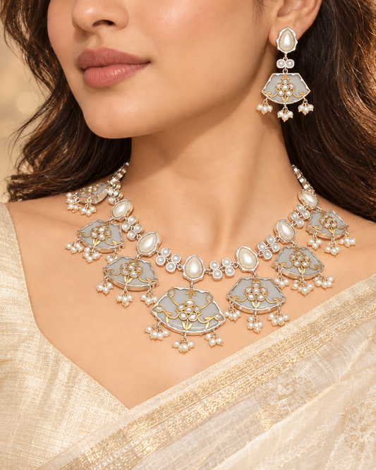 Khanak Necklace Set — AI-styled model view; proportions referenced to original product photographs