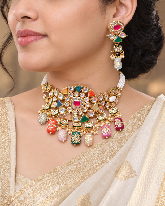 Navratan Choker Necklace — AI-styled model view; proportions referenced to original product photographs