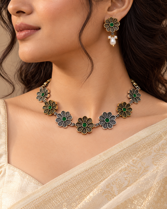 Aarya Dual Tone Necklace Set-Green — AI-styled model view; proportions referenced to original product photographs