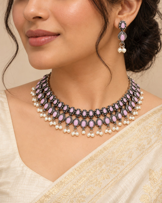Ratna Shree Necklace Set-Pink — AI-styled model view; proportions referenced to original product photographs