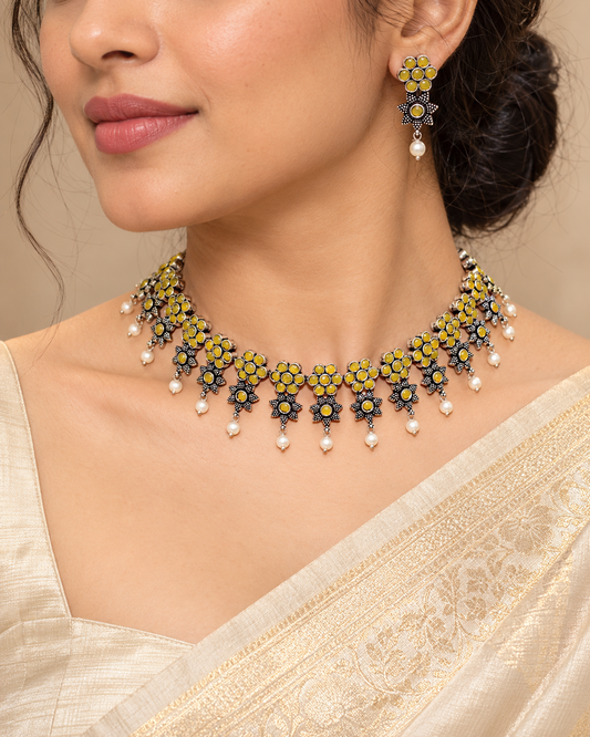 Sitara Necklace Set-Yellow — AI-styled model view; proportions referenced to original product photographs