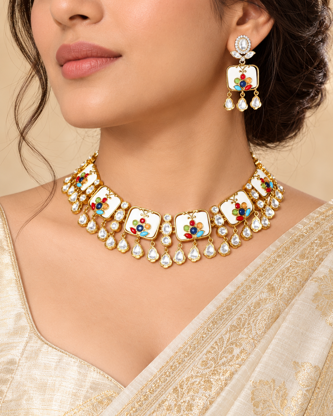 Gulmohar- Polki & Stone Necklace-White — AI-styled model view; proportions referenced to original product photographs