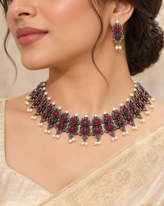Anusha Necklace Set-Maroon — AI-styled model view; proportions referenced to original product photographs