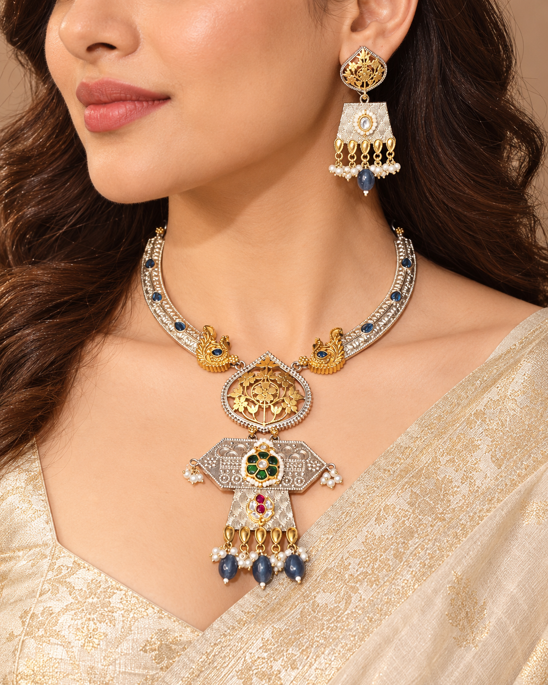 Rajwadi Dual-Tone Pachi Kundan Necklace Set — AI-styled model view; proportions referenced to original product photographs