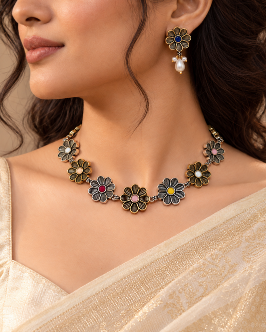 Aarya Dual Tone Necklace Set-Multicolour — AI-styled model view; proportions referenced to original product photographs
