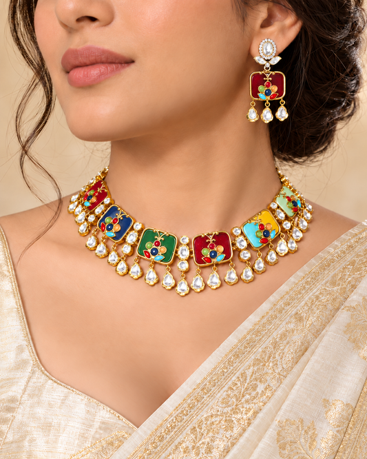 Gulmohar- Polki & Stone Necklace-Multicolour — AI-styled model view; proportions referenced to original product photographs