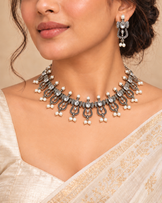 Temple Design Navrang Necklace Set-Kundan — AI-styled model view; proportions referenced to original product photographs
