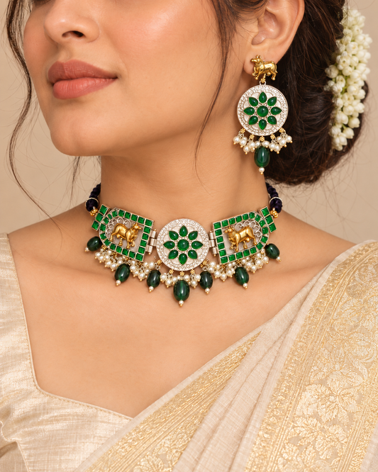 Nandi Choker-Green — AI-styled model view; proportions referenced to original product photographs