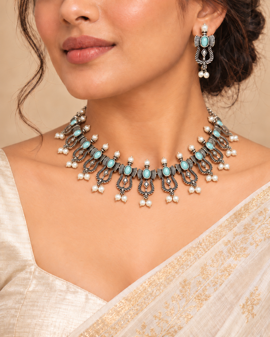 Temple Design Navrang Necklace Set-Mint — AI-styled model view; proportions referenced to original product photographs