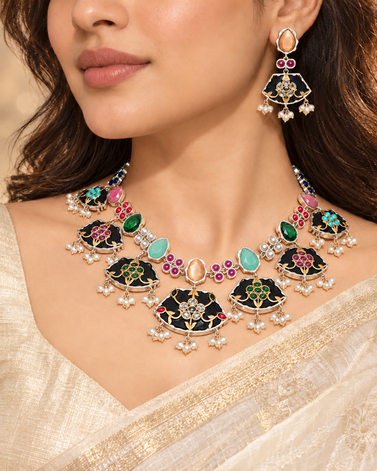 Khanak Necklace Set — AI-styled model view; proportions referenced to original product photographs
